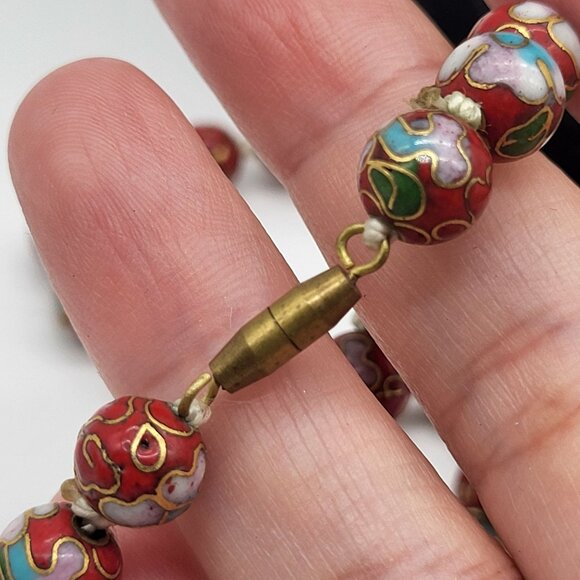 VTG Cloisonne Chinese Beaded Knotted Necklace Red Gold Floral - Picture 4 of 7